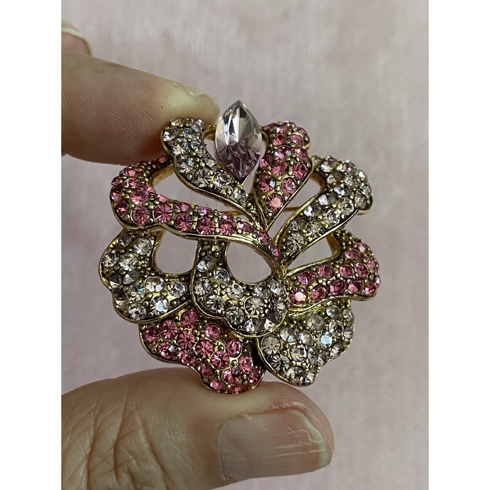 Vintage Carolee Pink Rhinestones on Gold Tone Metal Brooch Pin 1.7" Long, Signed